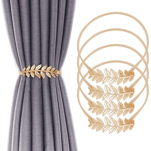 4Pack Curtain Tiebacks Aluminum Alloy Spring Design Curtain Holdback Leaf Carving Design Curtain Ties for Drapes Curtain Ties Backs Curtain Modern Style Curtain Holdback Decor(Gold Leaf)