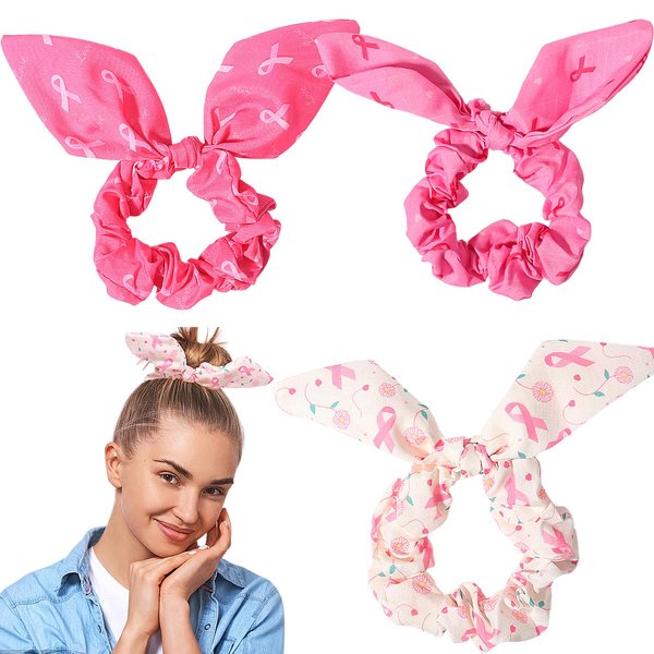 SARATA Pink Ribbon Hair Scrunchies Breast Cancer Awareness Cheer Hair Bows Hair Ties Elastics Rabbit Ears Hair Rope Bow Hair Scarf Scrunchies Ponytail Holder Hair Band Hair Access for Women 3PCS