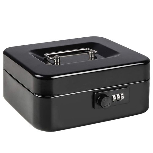 Cash Box with Money Tray, Parrency Medium Money Box with Combination Lock, 7 4/5" x 6 4/5" x 3 3/5", Black