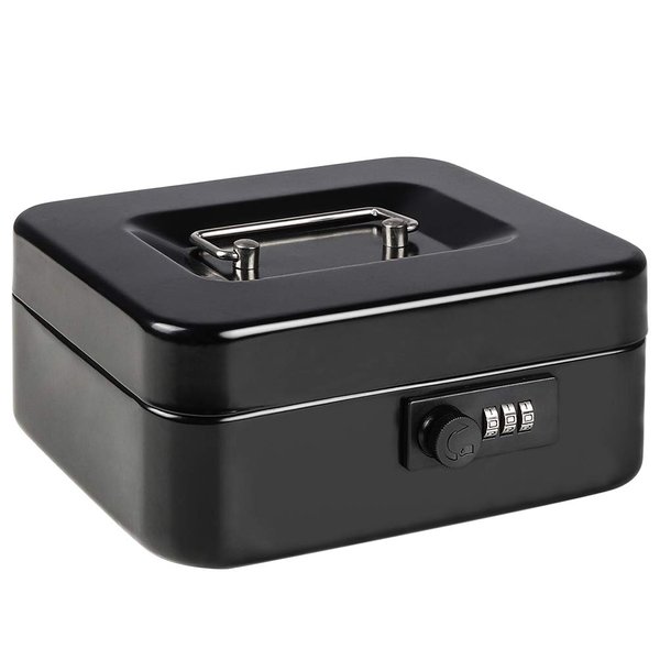 Cash Box with Money Tray, Parrency Medium Money Box with Combination Lock, 7 4/5" x 6 4/5" x 3 3/5", Black