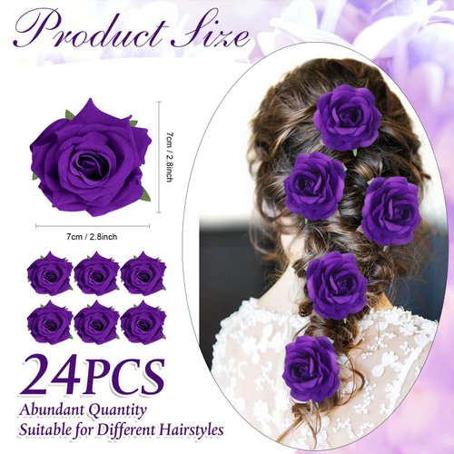 24 Pcs Flower Hair Clip Flower Hairpin Rose Brooch Floral Clips 2.8" Rose Flowers Hair Clips Hair Flowers Headpieces Hair Accessories for Woman Bridal Bridesmaid Wedding Party(Purple)
