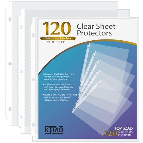 KTRIO Clear Sheet Protectors 8.5 x 11 in Page Protectors for 3 Ring Binder, Plastic Sleeves for Binders, Top Loading Paper Protector Letter Size, 120 Pack