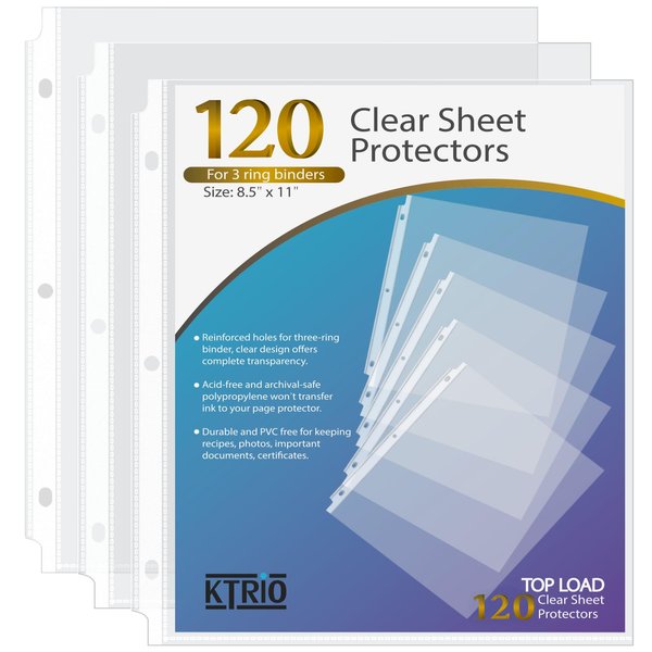 KTRIO Clear Sheet Protectors 8.5 x 11 in Page Protectors for 3 Ring Binder, Plastic Sleeves for Binders, Top Loading Paper Protector Letter Size, 120 Pack