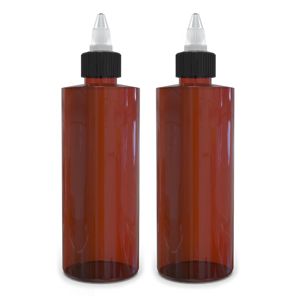 BRIGHTFROM Twist Top Applicator Bottles, 8 OZ Cylinder Empty Squeeze Bottles, Black Nozzle, BPA-Free Plastic, PET, Refillable, Open/Close Nozzle - Multi Purpose (Amber) 2 PACK