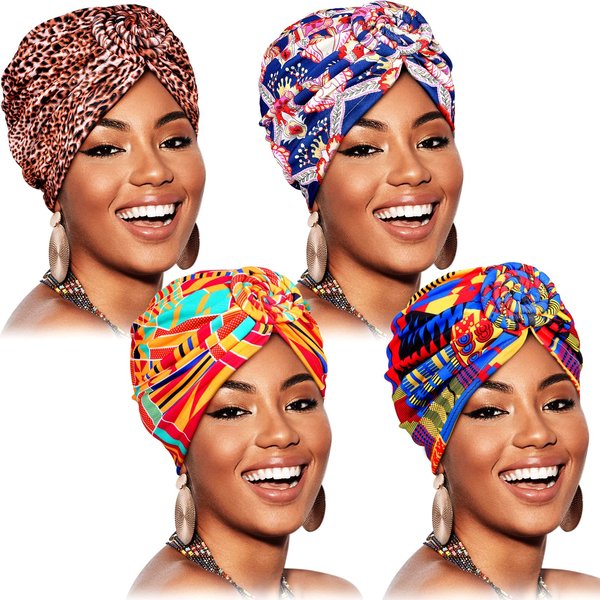 SATINIOR 4 Pieces African Pattern Headwrap Pre-Tied Bonnet Turban Knot Beanie Cap Headwrap Hat (Cool Style) Multicolor