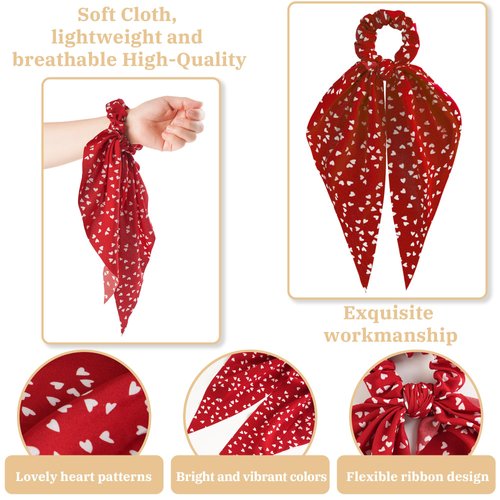 6 Pcs Hair Scarf Scrunchies Cute Ribbon Hair Ties for Girls Heart Pattern Bow Hair Ties Elastic Hair Bands Soft Hair Scrunchy for Women and Girls Ponytail Holder