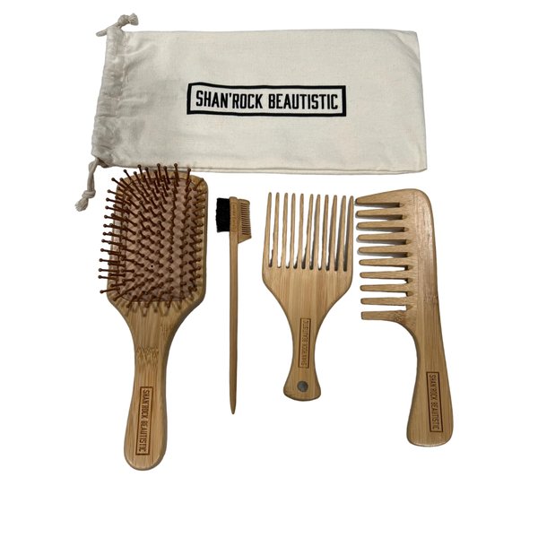 SHAN'ROCK BEAUTISTIC 4pc Eco-Friendly Bamboo Wide-Tooth Comb,Paddle Detangling Brush, Pick and Edge Brush Set for Thick, Curly, Straight, Wavy, Dry and Fine Hair