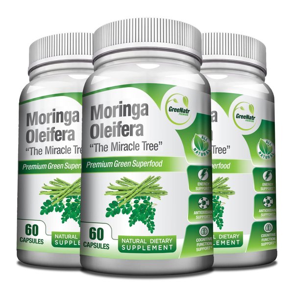 GreeNatr Pure Moringa Oleifera Leaf Extract Veggie Capsules 1000 mg. Natural Herbal Supplement. Energy, Mood, Memory and Focus Support. Premium Green Superfood (3 Bottles)