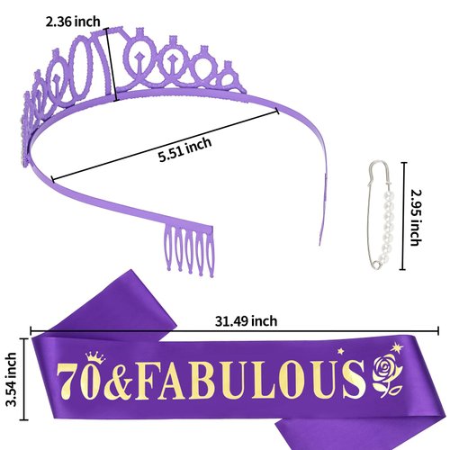 YARIEW Purple Crown + 70 & Fabulous Birthday Sash + Pearl Pin Set, 70th Birthday Decorations, 70th Birthday Gifts for Women, 70th Birthday Party Favor