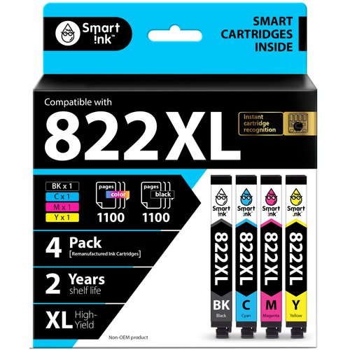 Smart Ink Remanufactured Ink Cartridge Replacement for Epson 822XL 822 XL T822XL to use with WF-3820 WF-4820 WF-4830 WF-4834 Workforce Pro Printers (BK & C/M/Y, 4 Combo Pack)