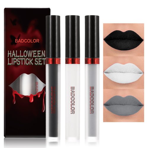 BADCOLOR 3 Colors Matte Liquid Lipstick Set, 24-Hour Smudge Proof Permanent Dark Lipstick Waterproof Velvet Nonstick Cup Stain Lip Gloss Set, Halloween Makeup Lip Gloss Gift - Black, White, Grey