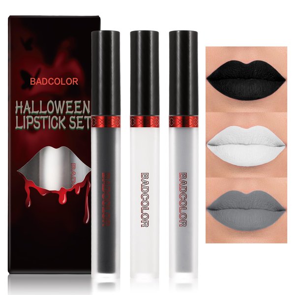 BADCOLOR 3 Colors Matte Liquid Lipstick Set, 24-Hour Smudge Proof Permanent Dark Lipstick Waterproof Velvet Nonstick Cup Stain Lip Gloss Set, Halloween Makeup Lip Gloss Gift - Black, White, Grey