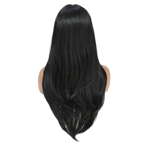 SWACC Long Layered Straight Wig with Bangs Synthetic Hair Wig for Women with Wig Cap (Black)