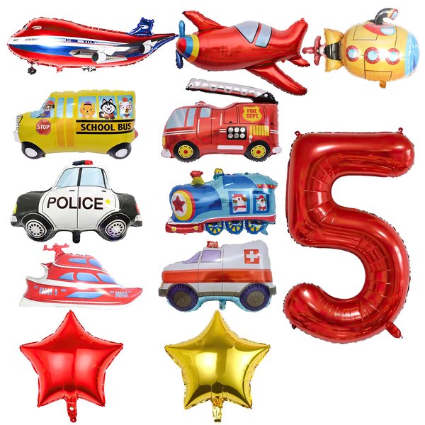 12pcs Transportation Balloons, Truck Plane School Bus Fire Truck Police Car Ship Ambulance Submarine Foil Balloon, Transportation 5th Birthday Vehicles Theme Party Supplies Decorations (5th)
