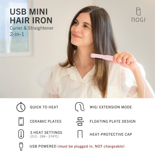 NOGI Mini USB Hair Iron, Small Travel Straightener and Curling Iron, Ceramic Coated Fast Heating, for Short Hair Bangs, Wigs, Extensions, 3 Heat Settings, USB-C Power - Black (Corded Not Chargeable)