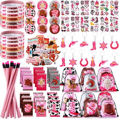 Liliful 140 Pcs Cowgirl Party Favors Include Cowgirl Drawstring Backpacks Bracelets Books Badges Keychains Pink Pencils Pink Horse Stickers Pink Tattoo Stickers for Disco Western Birthday