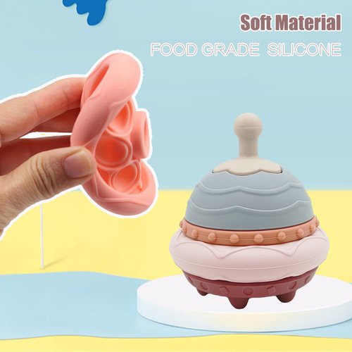 WSJKPA UFO Stacking & Nesting Toy | Food Grade Soft Silicon Teething Toy for Babies 0-6-12 Months | Early Educational Learning Baby Toy | 5 Piece Set (Grey)