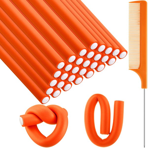 30 Pieces Flexible Curling Rods Twist Foam Hair Rollers Soft Foam No Heat Hair Rods Rollers and 1 Steel Pintail Comb Rat Tail Comb for Women Girls Long and Short Hair (9.45 x 0.71 Inch, Orange)