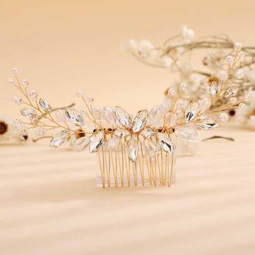 Rumtock Rhinestones Beads Long Gold Hair Comb for Wedding Brides Women Girls Handmade Hair Piece Vintage Handmade Jewelry (Gold)