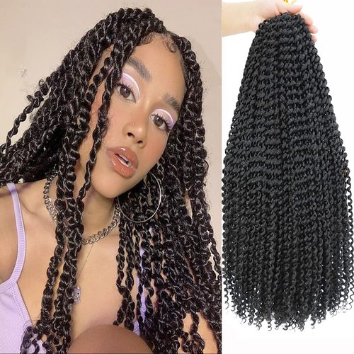 6Packs Passion Twist Hair 18Inch Water Wave Crochet Hair Natural Black Color Synthetic Crochet Hair Extensions (18Inch, 6Packs 1B#）