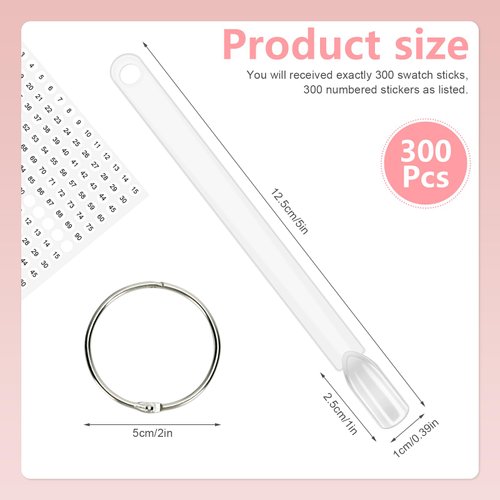 CZWESTC 300 pcs Nail Polish Swatch Sticks, Nail Swatch Sticks with Number Stickers for Color Display, Clear Square-shaped Nail Polish Sample Swatches with Ring for Nail Polish Display and Home DIY