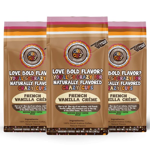 Crazy Cups Decaf Flavored Ground Coffee, French Vanilla Crème, Brew Hot or Iced Coffee, 10 Oz Bags, 3 Pack