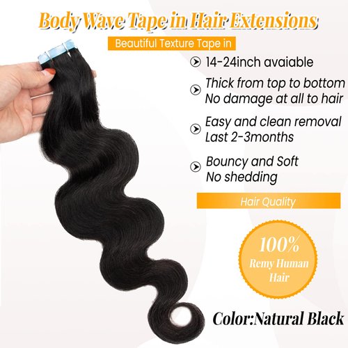 Tape in Hair Extensions Human Hair, Body Wave Real Human Hair Pieces 50G/Set 20pcs Double Sided Tape in Extensions for Black Women Adhesive Glue in Extensions 20inch