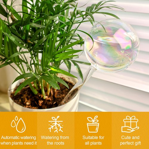 KiKiHeim 3Pcs Automatic Plant Waterer Globes, Rainbow Glass Self Watering Planter Insert Spikes, Hand Blown Water Bulbs for Indoor Outdoor Pots