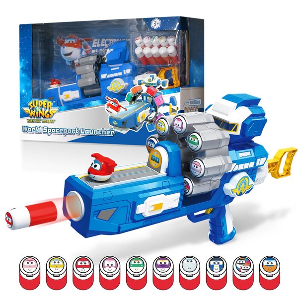 Super Wings Shooting Games Toy Gun, Toy Foam Blasters & Guns with 10-Dart Rotating Drum, Shooting Target & 10 Foam Bullets with Role Stickers, Kids Toys for Boys Age 4 5 6 7 8 9 10+