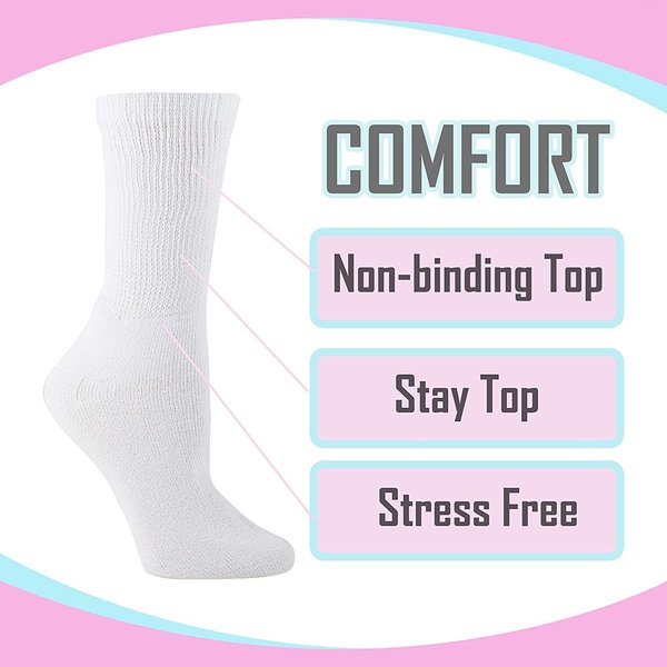 Diabetic Socks for Mens Womens Loose Fit Non-Binding Crew Socks 6 Pairs (Medium: Fits Shoe Size Men: 4-7 Women: 4-10, White)