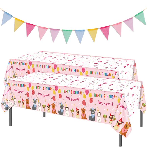 PHOGARY Paw Print Tablecloth, 2 PCS Puppy Paw Table Cloth with a Colorful Triangle Pennant Banner Flags, Dog Bithday Table Covers, Puppy Party Decorations Dog Birthday Party Supplies