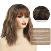 SEVENCOLORS Short Brown Bob Wigs with Bangs Medium Length Brown Mixed Blonde Wigs for Women Wave Curly Synthetic Hair Wigs with Highlights