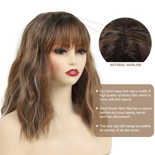 SEVENCOLORS Short Brown Bob Wigs with Bangs Medium Length Brown Mixed Blonde Wigs for Women Wave Curly Synthetic Hair Wigs with Highlights