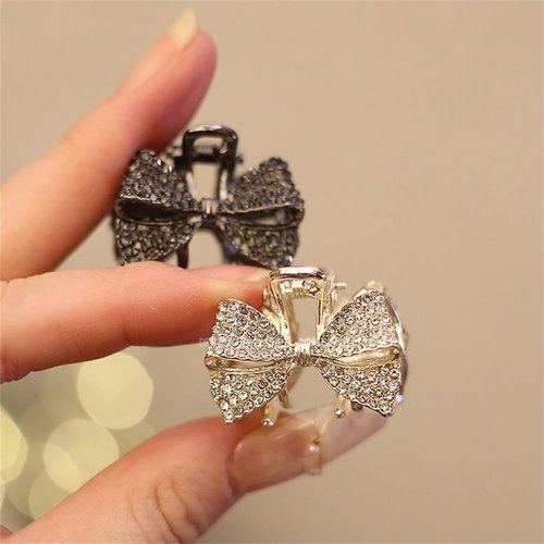 Xiwstar 2Pcs Mini Claw Clips Crystal Rhinestone Bow Hair Clips Small No-Slip Grip Jaw Clips Glitter Teeth Clips Metal Clamps Hair Accessories for Women Girls
