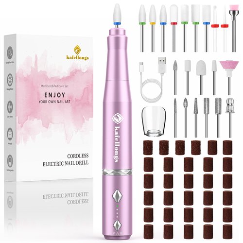 Cordless Electric Nail Drill Electric Nail File and buffers Gel Nail Polish Women Professional Manicure Machine， Acrylic Nail kit Gel dip Powder Nail kit Nail Tips Light Pink