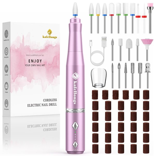 Cordless Electric Nail Drill Electric Nail File and buffers Gel Nail Polish Women Professional Manicure Machine， Acrylic Nail kit Gel dip Powder Nail kit Nail Tips Light Pink