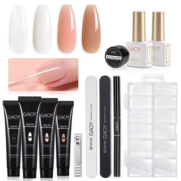 GAOY Poly Nail Extension Gel Kit of 4 Colors with Top Coat Base Coat Dual Forms and Tools Gel Nail Enhancement All-in-One Nail Builder Gel French Manicure Kit