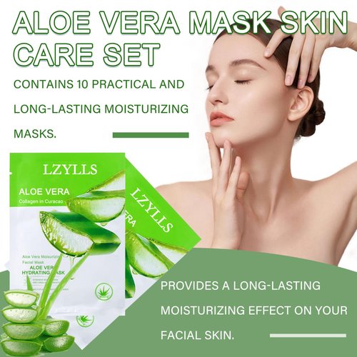 LZYLLS 10PCS Aloe Vera Face Masks Skin Care Set,Hydrating Long Lasting Soft Aloe Facial Sheet Masks,Moisturizing Face Mask Skin Care Gift Set for Women & All Skin Types