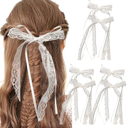 6pcs Lace Hair Bow Clips with Long Tail, Tulle Bowknot Hair Clips Snap Barrettes with Coquette Bows for Wedding Prom Birthday Halloween Christmas Decorative Accessories (White)