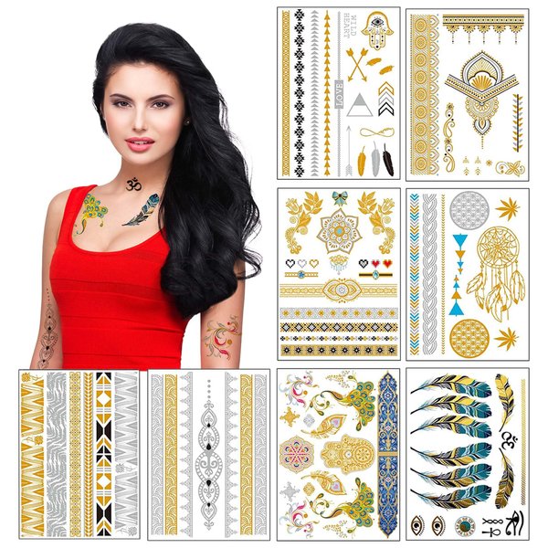 Metallic Temporary Tattoos for Women Teens Girls - 8 Sheets Gold Silver Temporary Tattoos Glitter Shimmer Designs Jewelry Tattoos - 100+ Color Flash Fake Waterproof Tattoo Stickers (Mustique)