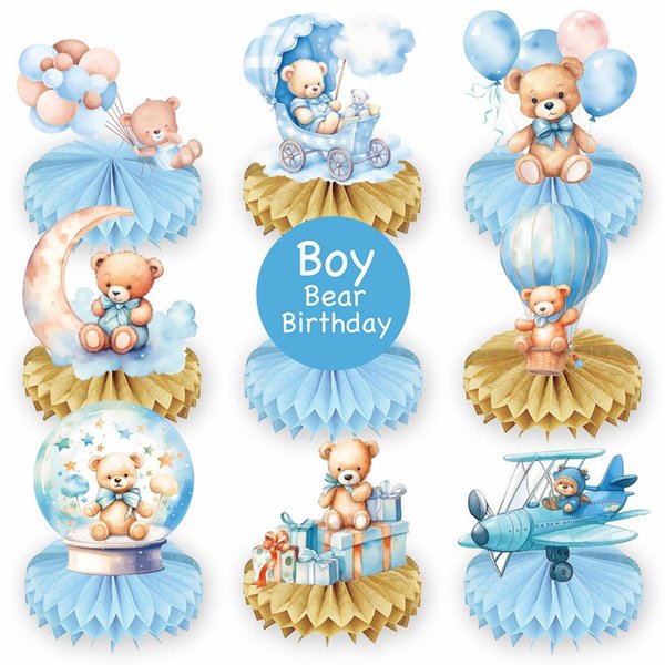 9 Pieces Bear Baby Shower Honeycomb Centerpieces Bear Table Decorations 3D Table Topper Decor for Kids Birthday Gender Reveal Newborn Party Favors Supplies (Blue Bear)