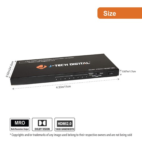 J-Tech Digital HDMI Splitter 1 in 8 Out 4K 60Hz 1080P Multi-Resolution Output (MRO), HDMI Splitter for Multiple Monitors Duplicate/Mirror, Compatible with HDR & Dolby Vision [JTECH-18GSP18M]