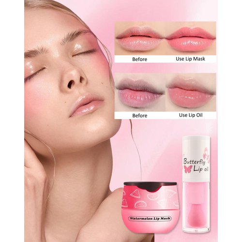 2Pcs Watermelon Lip Balm Honey Pot Lip Mask & Lip Glowy Oil Lip Care Set, Propolis Moisturizing & Nourish Hydrating Lip Gloss Repair, Reduce Lip Line & Plump Dry Cracked Lip Scrub Exfoliator -Set C