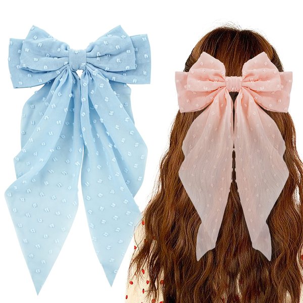 Ambesi Big Bow Hair Clips 2pcs, Long Tail French Hair Bows for Women Girl, Pink Blue Bow Hair Barrette, Soft Bow Hair Dress Up Accessories Decor for Birthday/Bachelorette Party/Christmas/Wedding