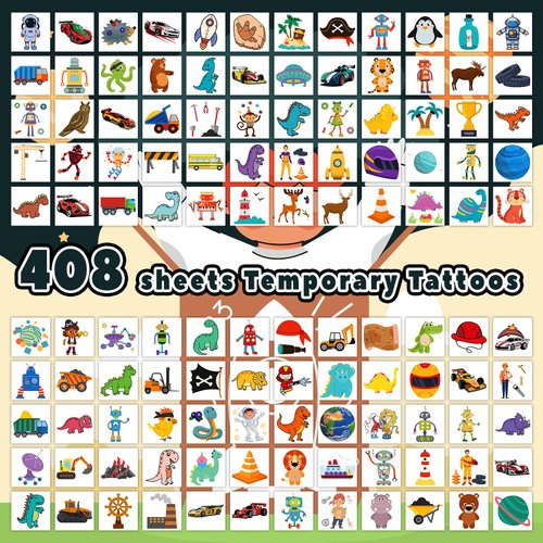 Leesgel 408 PCS Temporary Tattoo Kids Party Favors, Individually Wrapped Kids Tattoos School Supplies Teacher Stickers, Funny Custom Birthday Goodie Bags Stuffers Fillers