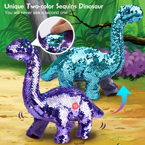 Koonie Dinosaur Toys for Girls, 2 Year Old Girl Toys, Purple Dinosaur Remote Control Reversible Sequins Dinosaur Toy Can Repeat Walk Roar Sing, Christmas Birthday Gifts for 2-7 Years Old Kids Toddler
