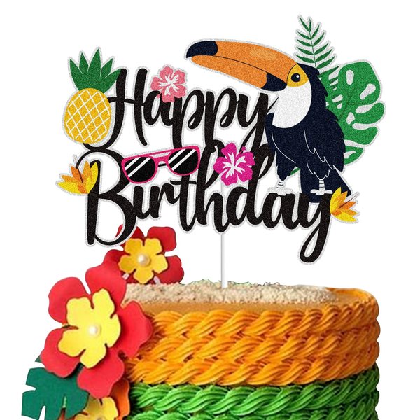 Toucans Happy Birthday Cake Topper Black Glitter Hawaiian Luau Palm Leaf Jungle Cake Decor Tropical Bird Theme Birthday Party Supplies