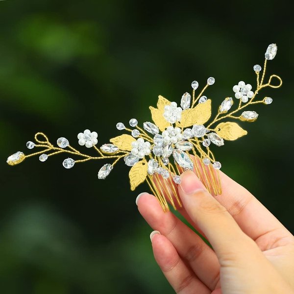 Heread Leaf Bride Wedding Hair Comb Crystal Bridal Hair Accessories Pearl Hair Piece for Women and Girls (C Gold)