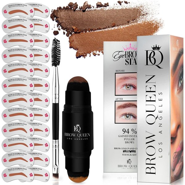 Eyebrow Stamp Kit - Professional Eye Brow Stencil Kits with Dual-Color Eyebrow Powder Stamp, 24 Shaping Guide Templates, Brow Shaper Brush - Waterproof, Smudge-Proof Formula - (Light Brown)