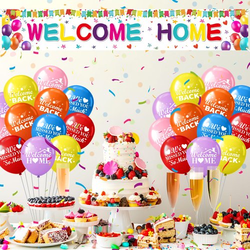 Welcome Home Decorations Colorful Welcome Home Banner and Balloons Welcome Home Yard Sign 24 Pcs Welcome Back Balloons for Homecoming Military Return Housewarming Reunion Family Party Supplies